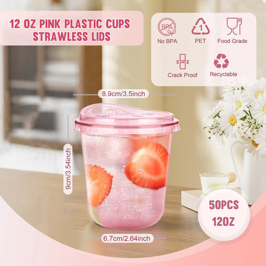 300ml & 400ml 50 Pack Disposable Iced Coffee Cups, Clear Plastic Strawless Sip Lids, To Go Cups for Party Wedding Catering Events, Cold Drinks Smoothie Milkshake Lemonade Bubble Tea