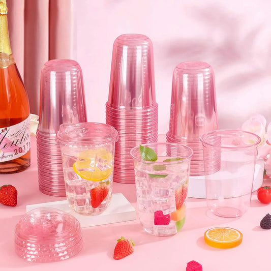 300ml & 400ml 50 Pack Disposable Iced Coffee Cups, Clear Plastic Strawless Sip Lids, To Go Cups for Party Wedding Catering Events, Cold Drinks Smoothie Milkshake Lemonade Bubble Tea