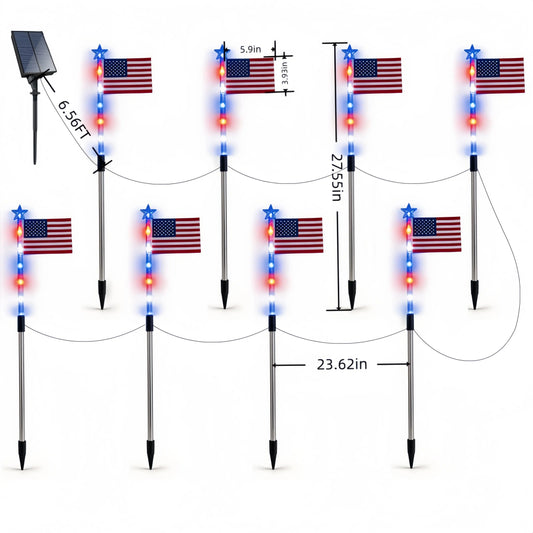 8-Piece Flag Light Set, 4th of July Decorations 8 Lighting Modes, 8-in-1 American Flag Solar Lights, Memorial Day Decorations Featuring Red, White, and Blue Lights for Independence Day Pathway Garden Decorations Yard Pathway